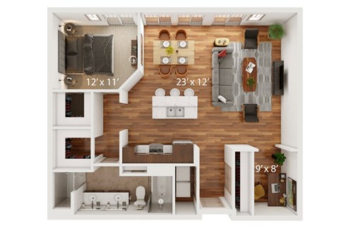 Floor plan for 1 bed, 1 bath, 1095 sqft